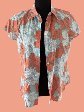 🧡 IZOD 100% COTTON! GORGEOUS HAWAIIAN BUTTON DOWN !